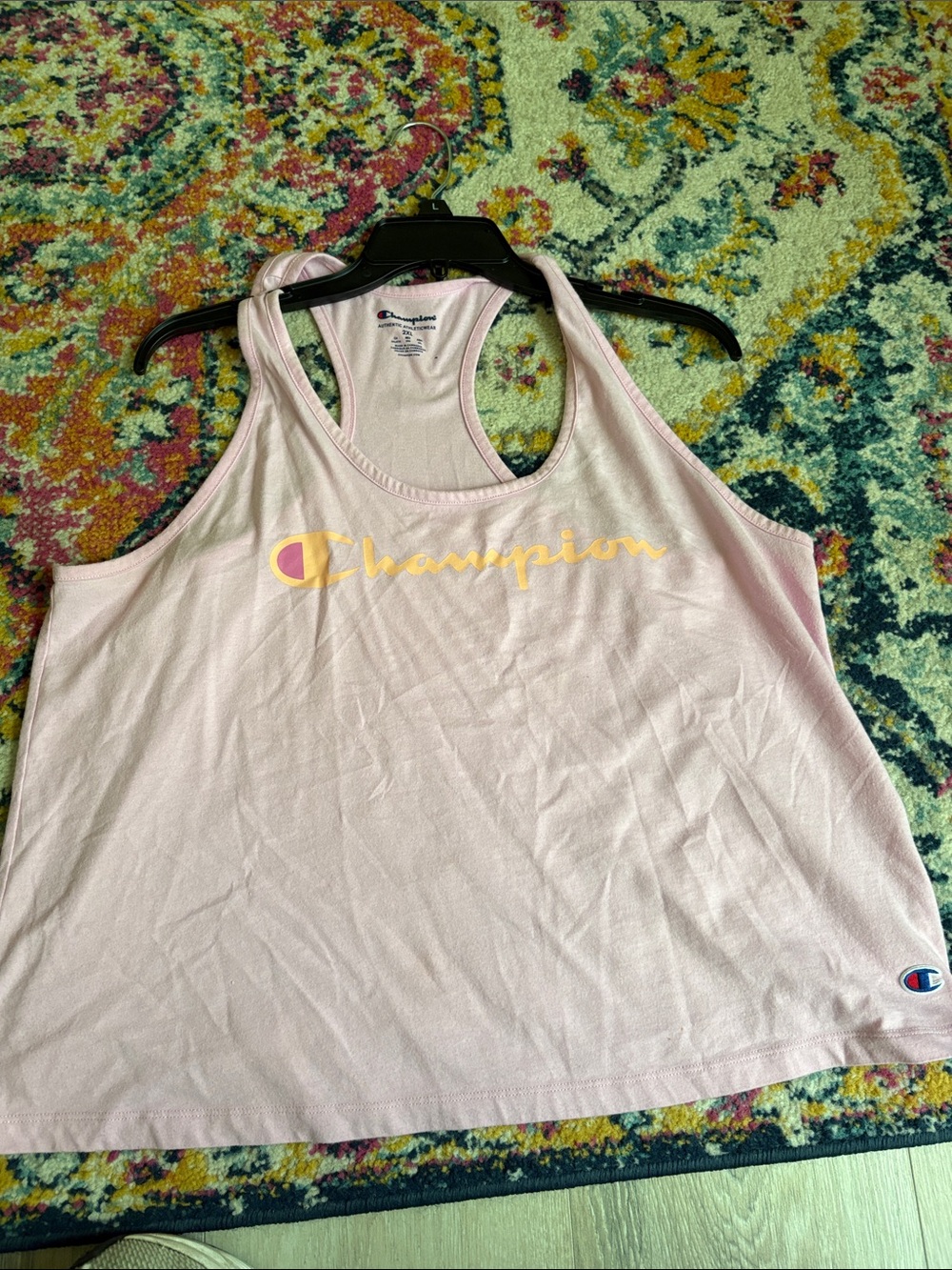 Champion Light Pink Racerback Tank with Yellow Script Logo